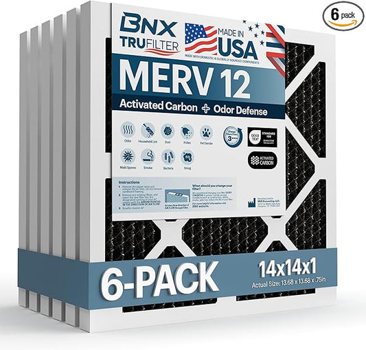 BNX TruFilter 14x14x1 MERV 12 Odor Defense (6-Pack) AC Furnace Air Filter with Activated Carbon - MADE IN USA - Pleated Air Conditioner HVAC AC Furnace Filters - Removes Odor, Mold, Bacteria, Smoke