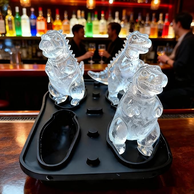 7.48inch Newly Upgraded 4-grid 3D Dinosaur Ice Tray and Covered Silicone Ice Tray, Suitable for Bars, Outdoor and Home Use (1, grey)