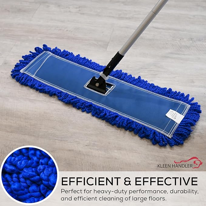 KLEEN HANDLER 24 Inch Microfiber Dust Mop, Medium Washable Commercial, Sweeper, Janitorial Head Replacement, Push Mop Broom, Blue