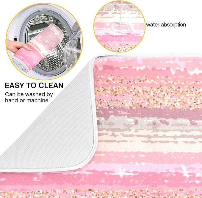 Pink Gold Stripe Dish Drying Mat for Kitchen Countertop 18x24 Rectangle Large Drying Mat Reusable Quick Dry Dish Sink Absorbent Mats Dishwasher Easy Clean Decorative Home Decor Essentials