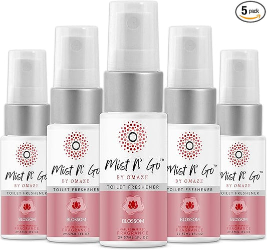 Mist N’ Go by Omaze Travel Bathroom Spray for Toilet Spray Odor Eliminator - Travel Toilet Spray for Bathroom Air Freshener Spray for Bathroom Deodorizer - Blossom Travel Size (1oz x5)