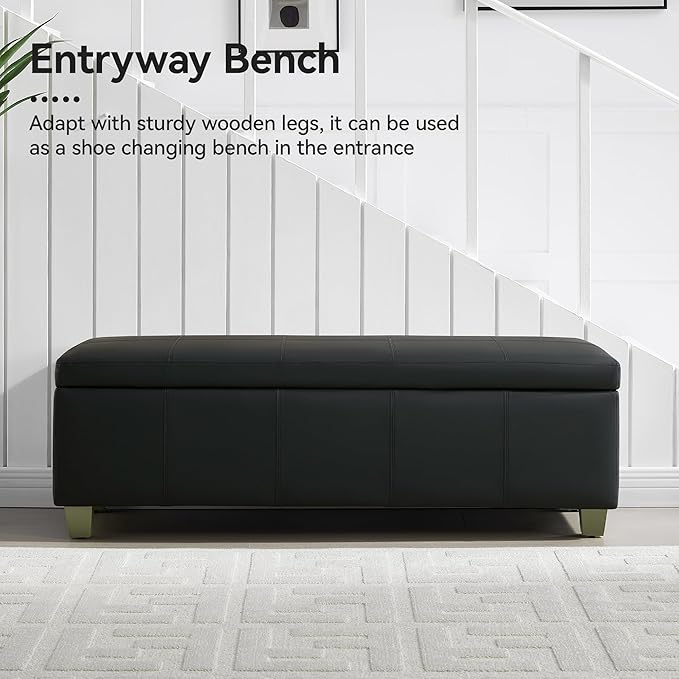 51" Faux Leather Storage Ottoman, Stitch Tufted Rectangle Upholstered End of Bed Storage Bench, Entryway Large Couch Ottoman with Wooden Legs, Dark Black