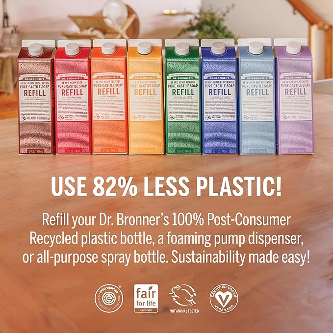 Dr. Bronner's Pure-Castile Liquid Magic Soap Refill - Made with Regenerative Organic Certified Oils, 86% Less Plastic - 18-in-1 Uses for Face, Body Wash, Hand Soap Refill & More - Peppermint, 32oz