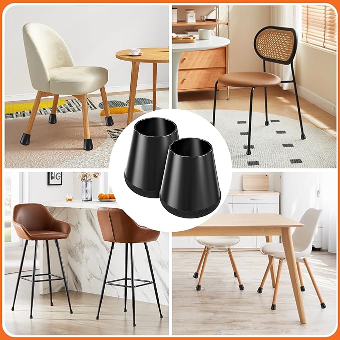 Chair Leg Floor Protectors Medium 24Pcs,Silicone Chair Leg Protectors for Hardwood Floors/Tiles,360°Wrapped Felt Bottom to Prevent Scratch and Reduce Noise, Round Black