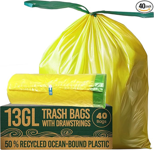 13 Gallon Trash Bags with Drawstrings, 40 Bags Made from 50% Recycled Plastic, Leakproof and Tear-Resistant, Tall Kitchen Garbage Bags for Home and Office