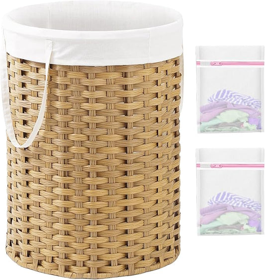 Laundry Basket Round Rattan Laundry Hamper 29.1 Gal (110 L) Handwoven Large Wicker Basket with Handles, Wicker Hamper with Removable Bags and 2 Mesh Bags for Bathroom Living Room Natural