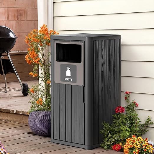 ROJIK 35" Tall Outdoor Trash Can,Weatherproof Resin Garbage Indoor Durable Lightweight,Suitable for Patio Office Kitchen,Easy to Clean,Assemble(Waste, Black)