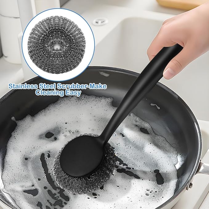 Scrubber with Handle Comes with Three Replacement Balls Steel Wool, Short Handle Scrubber, Steel Wool Scrubber Supplies Dish Scrubber, Stainless Steel Scrubber Tool Metal Scrubber for Dishes