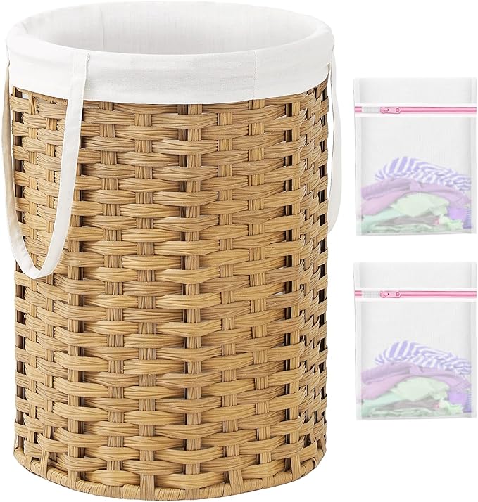 Laundry Hamper Laundry Basket Round 19.0 Gal (72 L) Handwoven Rattan Hamper, Large Wicker Hamper Basket with Removable Liner Bag Handles 2 Mesh Bags for Bathroom Living Room Natural