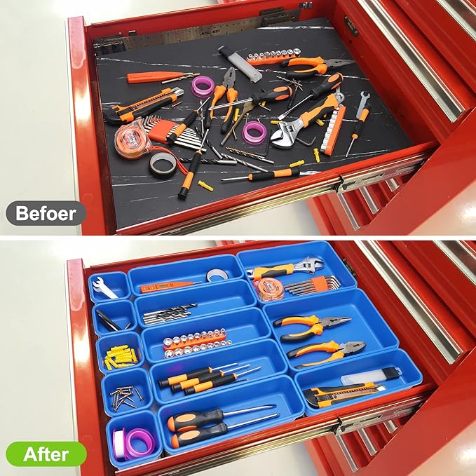 KeFanta 42 Pack Tool Box Organizer Tool Tray Dividers, Rolling Tool Chest Cart Cabinet Workbench Desk Drawer Organization and Storage for Hardware, Parts, Screws, Nuts, Small Tools Organization(Blue)