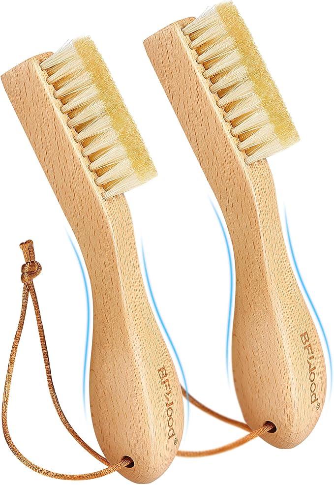BFWood 2PCS Laundry Stain Brush - Natural Soft Boar Bristles, Removes Tough Stains from Delicate Fabrics Like Knits, Cotton, and Linens, Gentle on Fabrics, No Damage