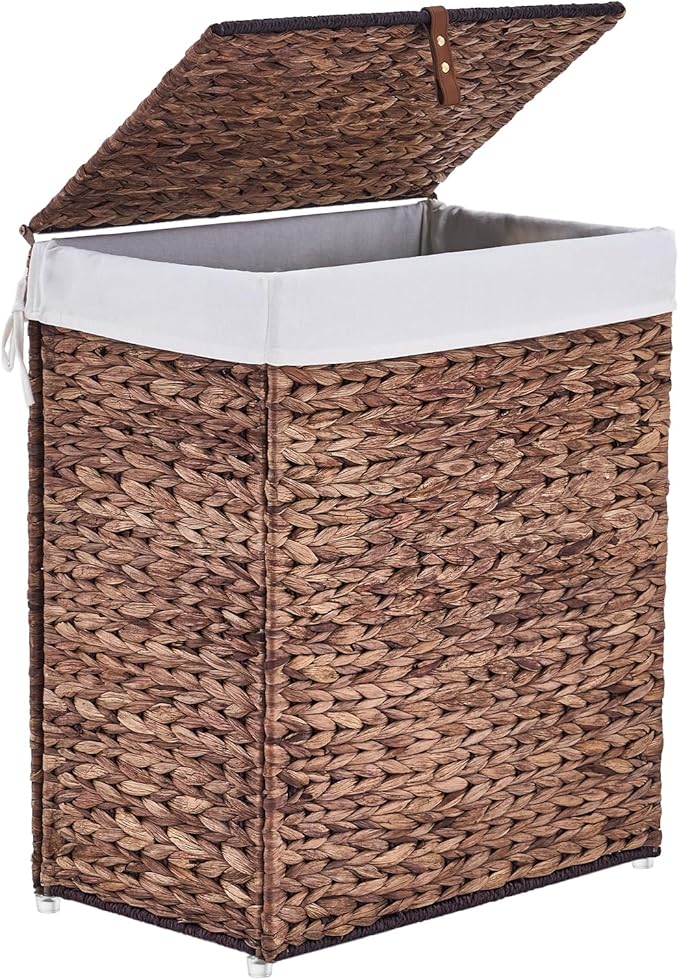 Handwoven Laundry Basket with Lid, Natural Water Hyacinth Storage Basket with Handle, Removable Cotton Liner, Durable and Stylish for Bedroom, Bathroom, Laundry Room