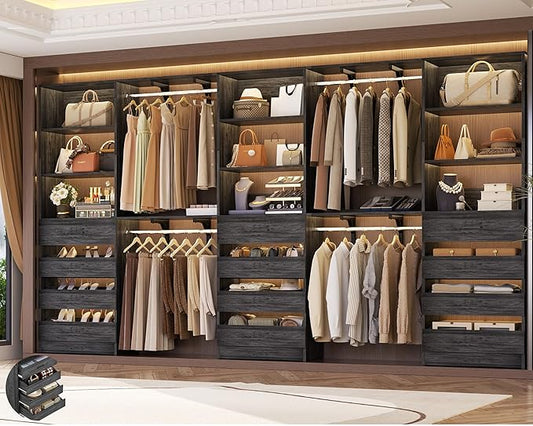 Aheaplus Closet System Set of 3, 138.5" Wood Closet Organizer System Tower with 12 Drawers & 4 Hanging Rods, 6.7+4.85Ft L Shaped Walk-in Closets Wardrobe Organizer Garment Rack with Shelves, Black Oak