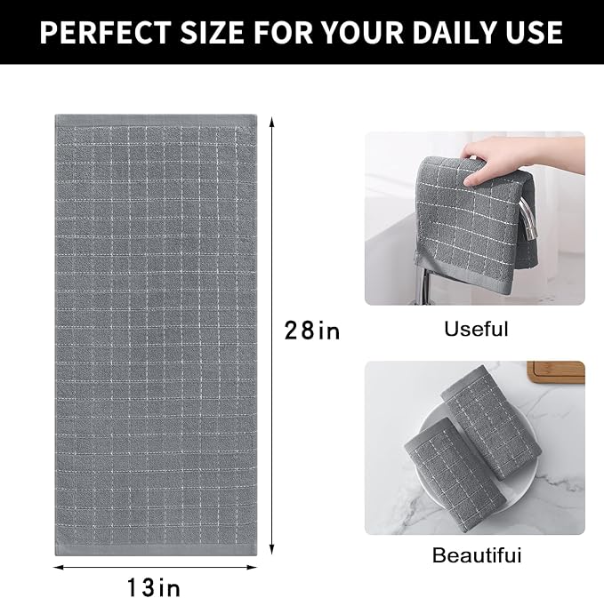 Homaxy 100% Cotton Terry Kitchen Towels(Grey, 13 x 28 inches), Checkered Designed, Soft and Super Absorbent Dish Towels, 8 Pack