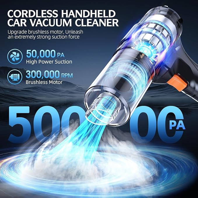 Cordless Handheld Car Vacuum Cleaner, 50,000Pa High-Power Rechargeable Dust Buster with 2 Batteries & Charger, 6-in-1 Portable Vacuum Cleaners for Home, Car, Pet Hair, Keyboard, Black