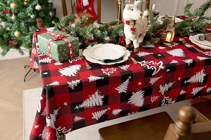 Waterproof Checkered Tablecloth Fabric - Rectangle 58x84 Inch Christmas Tree Table Cloth for Indoor/Outdoor Use - Xmas Table Cover for Kitchen, BBQs, and Parties