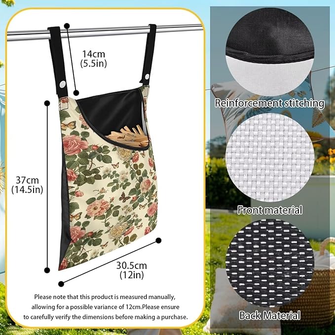 2 Pcs Floral Clothes Pin Hanging Bag with Hanging Rope 14.5 X 12 Inch Clothespin Bag for Clothes Pins and Clothespins - Heavy Duty Outdoor Use