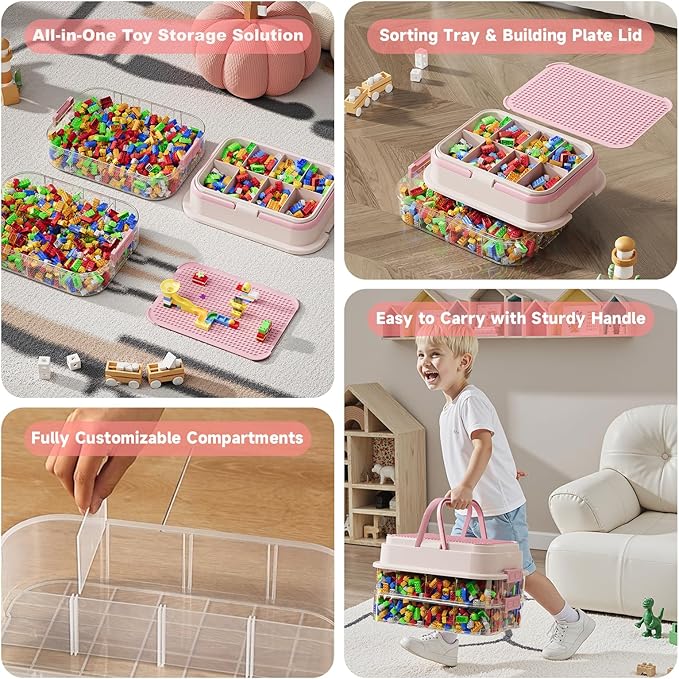 Toy Storage Organizer Box with Handle, Stackable Building Block Toy Box with Building Plate Lid & Removable Sorting Trays, Cubby Bins and Containers 3 Layer (Pink)