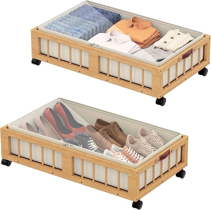 efluky 2-Pack Bamboo Under Bed Storage Containers with Wheels, Under Bed Clothes Storage Basket with Large Dust Bag, Rolling UnderBed Storage for Bedroom, Dorm and Basement, Nature