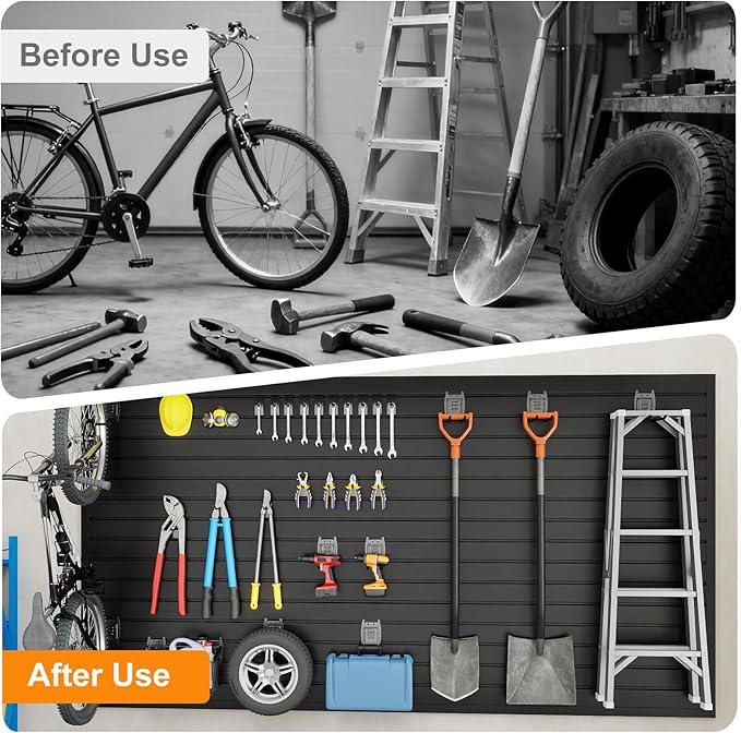 DoCred Slatwall Paneling Organizer, 4x4 FT PVC Garage Slat Wall Storage Systems, Heavy Duty Mounted Slat Peg Board for Tool Organization Ladder Bike Includes 27 PCS Hooks Accessories Kit (Black)