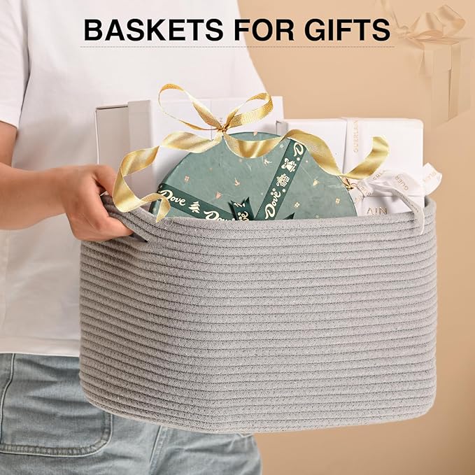 Woven Cotton Rope Storage Basket for Organizing, Cute Decorative Baskets for Gifts Empty, Organizer Bins for Dog Toy, Baby Laundry, 17“×13”×9.5“, Light Grey