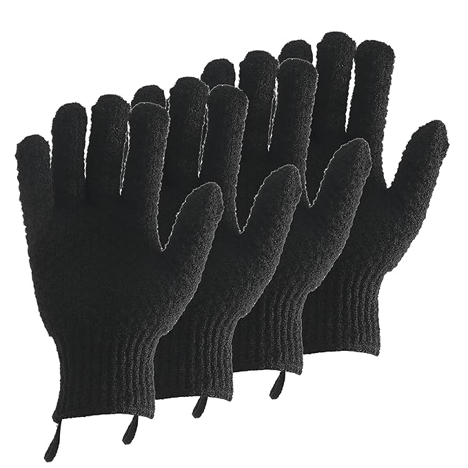 2 Pairs Bath Exfoliating Gloves for men and women – CLEEDY 4 Pcs Heavy and Large Exfoliating Gloves Scrubbing for Shower, Spa, Massage - Scrub Exfoliating Mitts for Body, Face, Hand and Foot (black)