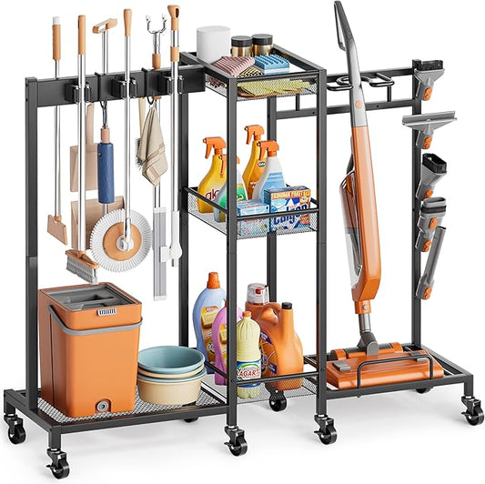 Broom Holder with Cleaning Supplies Organizer, Broom Closet Storage Cabinet with Cleaning Caddy Vacuum Stand, Cleaning Cart with Mop Hanger Gripper Rack Hook, Laundry Room Organization Home Essentials
