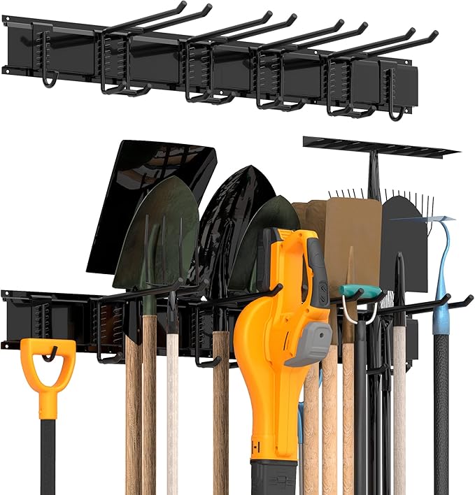 Garage Tool Storage Rack, Heavy Duty Garage Storage Organizer Rack System Wall Mounted Tool with 6 double hooks, 2 rails, Garden Yard Tools Hanger Rack for Ski Gears, Broom, Rake,Shovel