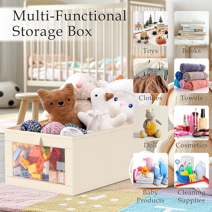 Criusia Linen Closet Organizers and Storage, 4 Pack Linen Closet Baskets with Mesh Window for Organization, Foldable Closet Organizer for Clothing, Towels, Toys, Nursery, Books, Shelves, Beige