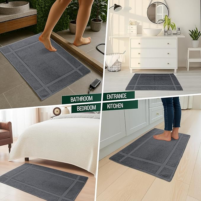 Pearl Linens Pack of 2 Washable Cotton Bath Mat 18x25 - Soft & Absorbent Quick Dry Bathroom Mat Set, Not Bathroom Rugs After Shower Mat, Terry Bath Tub Mat, 687 GSM Dark Grey