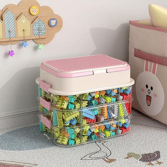 Toy Storage Organizer Box with Handle, Stackable Building Block Toy Box with Building Plate Lid & Removable Sorting Trays, Cubby Bins and Containers 3 Layer (Pink)