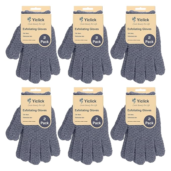 Yiclick Heavy Exfoliating Gloves, Exfoliating Body Scrubber for Bath Shower Exfoliation, Body Scrub Exfoliator For Dead Skin Remover, Exfoliate Sponge Loofah Washcloth Mitt Men Women (12 Grey)