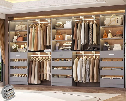 Aheaplus Closet System Set of 3, 138.5" Wood Closet Organizer System Tower with 12 Drawers & 4 Hanging Rods, 6.7+4.85Ft L Shaped Walk-in Closets Wardrobe Organizer Garment Rack with Shelves, Grey
