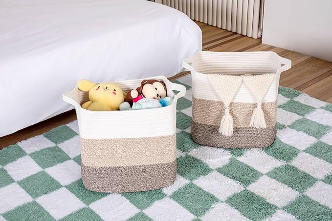 Tall Storage Bins for Clothes Fabric Cotton Rope Storage Baskets with Handles, Decorative Woven Basket for Living Room,Closet Organizer Blankets, and 2bags (Gradient Brown, L16×W11.4×H15.9)