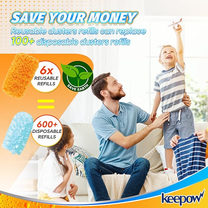 KEEPOW, 6-Pack Microfiber Reusable Refills Compitable with Hand Duster, 360 Degree Dry Microfiber for Cleaning Duster Heavy Duty Refills