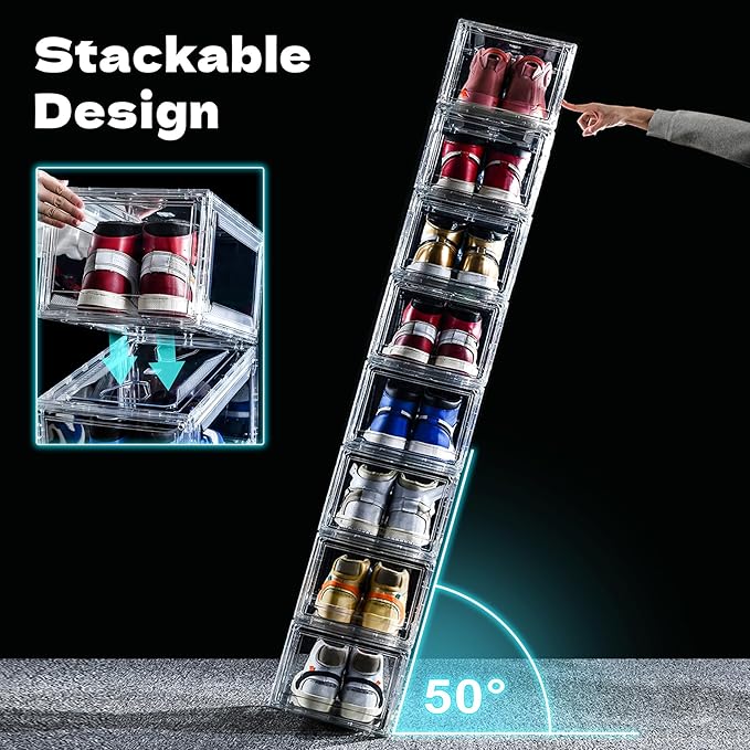 6 Pack Acrylic Shoe Boxes, Ultra Clear Shoe Boxes Stackable, Shoe Storage Box Sneaker Storage for Sneakerhead, Foldable Shoe Organizer with Magnetic Door, Professional Shoe Display Fits US Size 15