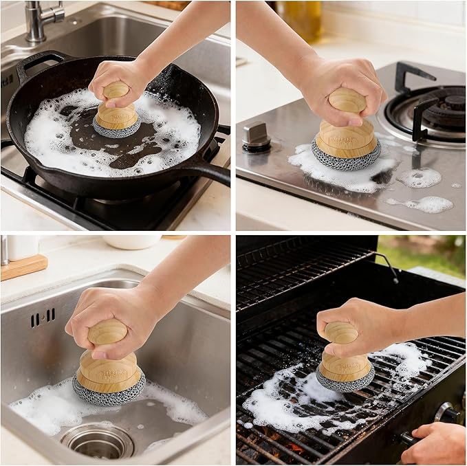 Cast Iron Scrubber and Scraper,Chain Mail Cleaner with Bamboo Handle & Draining Tray,316 Stainless Steel Brush for Cleaning Pots,Pans,Wok,Bakeware,Griddles, Grills(Large Chain Mail,2pcs)