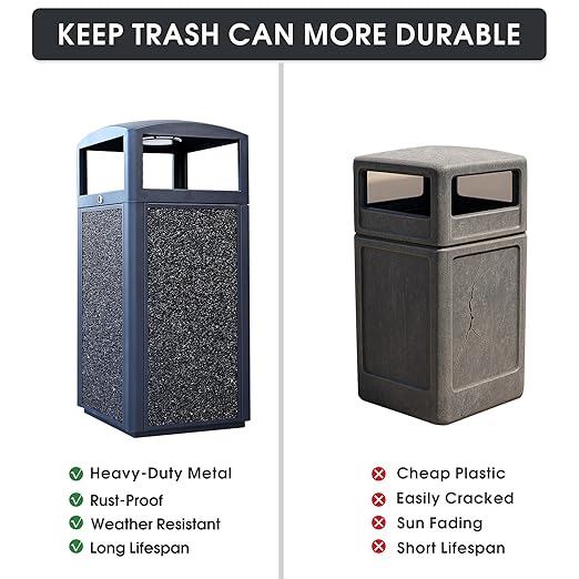 Commercial Metal Outdoor Trash Can with Lid, Lockable Outdoor Garbage Can with Nature Stone Panels, Heavy-Duty Rustproof Trash Bin with Removable Liner for Parks & Public Spaces