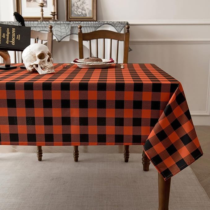 Orange Gingham Tablecloth Fabric - Oblong 58x120 Water Resistant Autumn Plaid Table Cloth for Indoor/Outdoor Use - Fall Tabletop Cover for Birthday, Picnics, Gardens, and Halloween Party