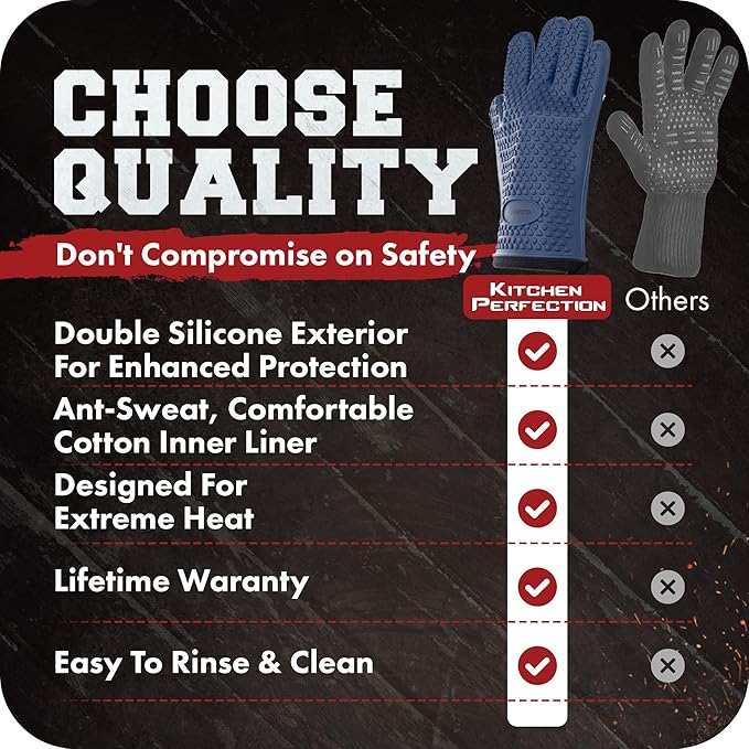 KITCHEN PERFECTION XL Silicone Smoker Oven Gloves-Extreme Heat Resistant BBQ Gloves-Handle Hot Food Right on Your Grill Fryer&Pit|Waterproof Grilling Cooking Baking Mitts|Superior Value Set+3 Bonuses