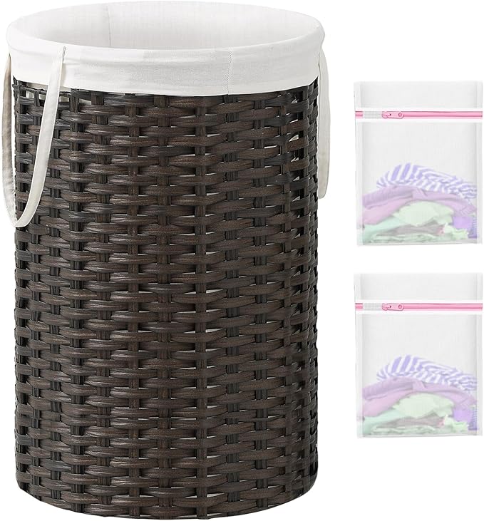34.3 Gal (130 L) Large Laundry Hamper Laundry Basket Round Handwoven Wicker Laundry Baskets Rattan Laundry Basket with Removable Bag Handles 2 Mesh Bags for Living Room Bedroom Brown