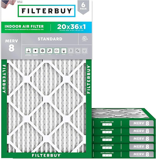 Filterbuy 20x36x1 Air Filter MERV 8 (MPR 700) Dust Defense Replacement (6-Pack), Electrostatic Pleated HVAC AC Furnace Filters, Made in USA (Actual Size: 19.75 x 35.75 x 0.75)