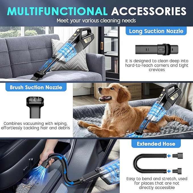Handheld Vacuum Cordless, 15000PA Strong Suction Hand Held Car Vacuum Cleaner Portable with Multi-Nozzles & Washable Filter, Lightweight Dust Busters Rechargeable for Home, Car, Office, Pets