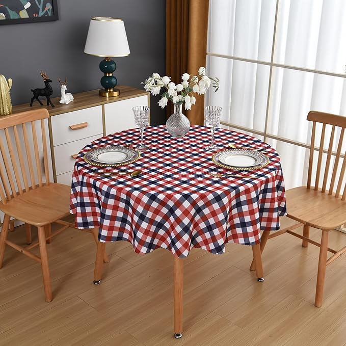 Waterproof Plaid Tablecloth Fabric - Round 50 Inch Classic Gingham Checker Table Cloth for Indoor/Outdoor Use - Buffalo Table Cover for Picnics, BBQs, and Parties