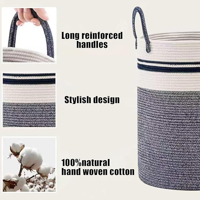 Woven Laundry Basket Hamper,60L Versatile Storage for Blankets,Toys and Clothes,Decorative and Storage for Living Room,Bathroom and Bedroom and Baby Nursery（Large-Blue）