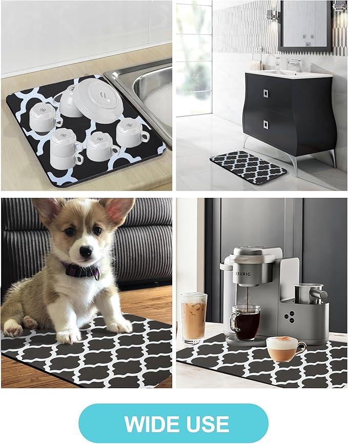 Dish Drying Mat for Kitchen Counter, 12"x19" Dish Drying Pad with Non-slip Rubber Backed, Hide Stain Anti Absorbent for Kitchen Counter, Drying Mat for Coffee Machine Dish Rack (Gray Trellis)