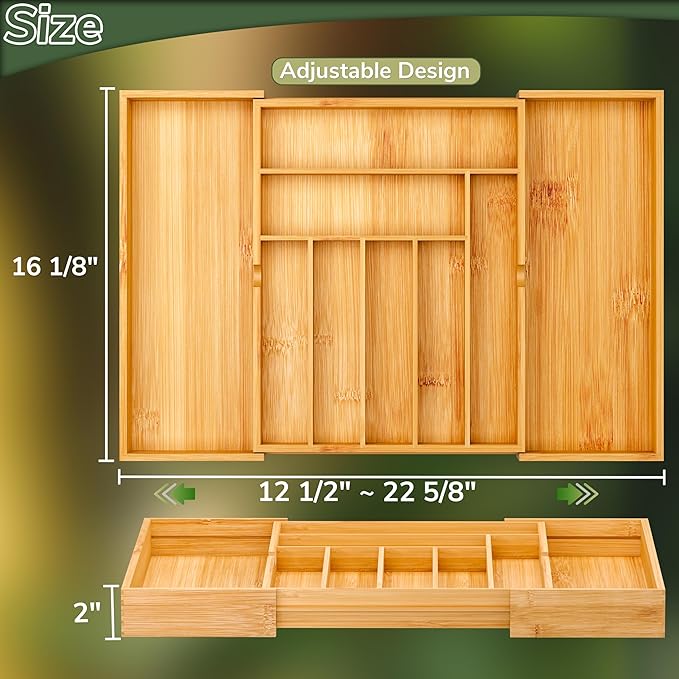 BAMEOS drawer organizer flatware organizer cutlery tray silverware organizer expandable adjustable bamboo drawer organizer kitchen bathroom