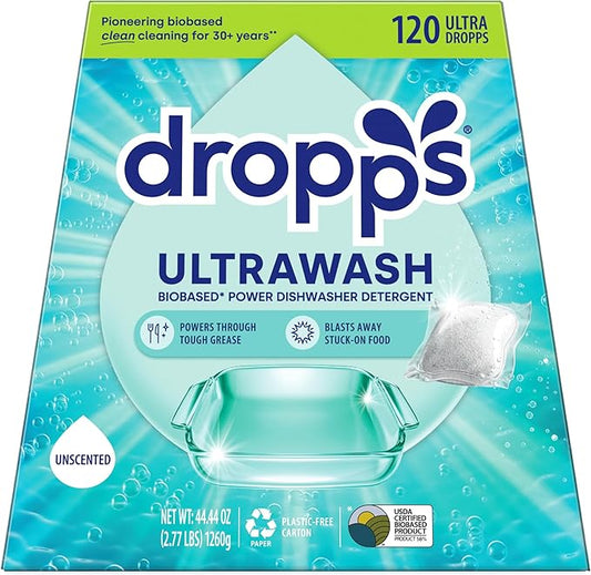 Dropps UltraWash Dishwasher Pods, Unscented (120 Count) - Biobased Power Deep Clean Dishwasher Detergent Tablets for Sparkling Shiny Dishes - No Rinse Aid or Pre-Wash Needed - Dishwashing Pods