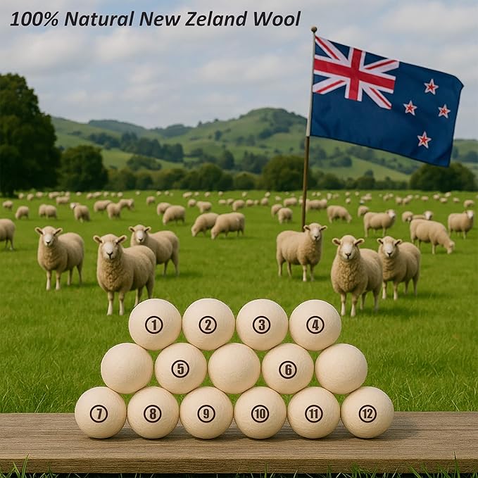 Sheep Wool Dryer Balls 12 Pack L(2.3") Premium Natural Fabric Softener, Reusable Laundry Dryer Balls for Reducing Drying Time, Static and Wrinkles, Eco-Friendly – 100% New Zealand Wool