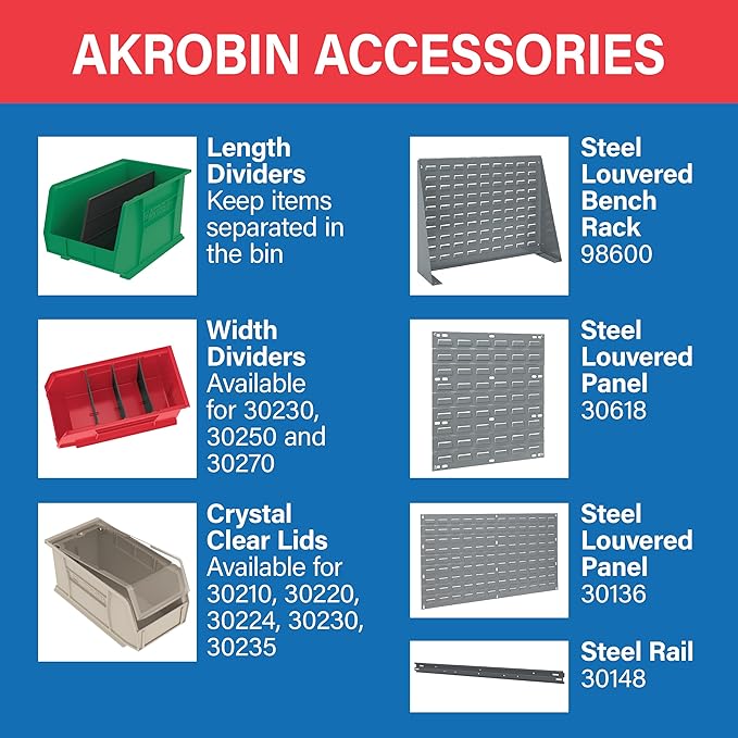 Akro-Mils 30240 AkroBins Plastic Storage Bins, Space-Saving Stackable Bins for Garage, Pantry, Craft Organization, 15-Inch x 8-Inch x 7-Inch, Blue, 12-Pack